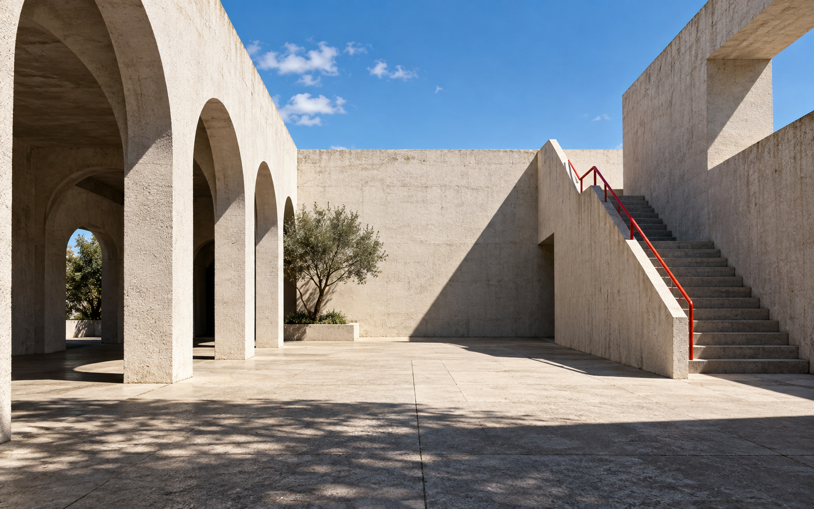 明るいコンクリートの建物と影がある中庭
